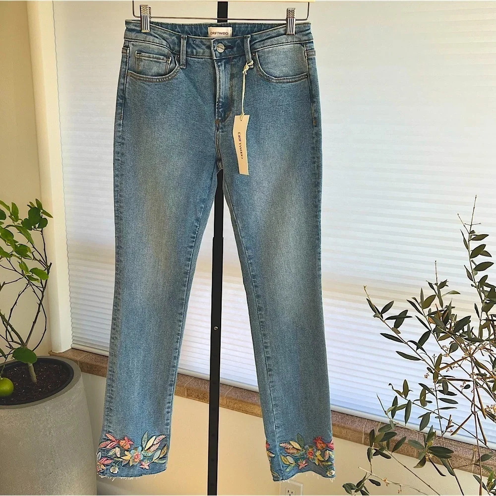 DRIFTWOOD Straight Leg Jeans with Floral Embroidery - Light Blue Denim